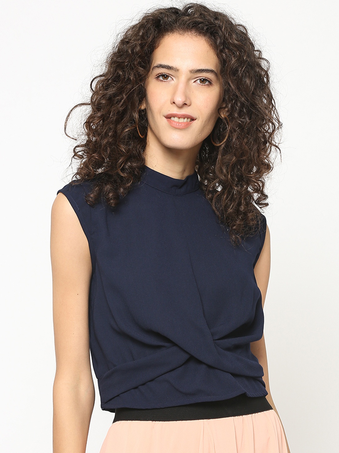 

Gipsy Women Navy Blue Solid Cinched Waist Top