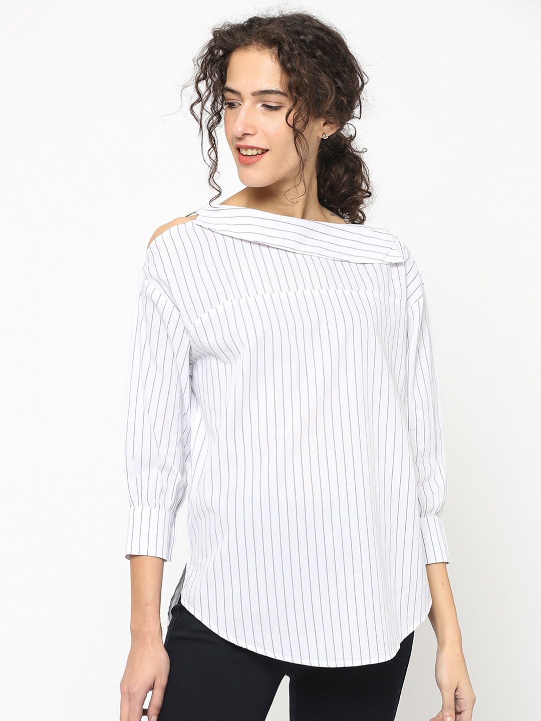 

Gipsy Women White Striped Shirt Style Pure Cotton Top