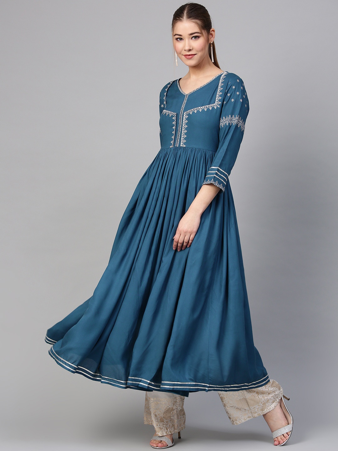 

Varanga Women Teal Blue Yoke Design Anarkali Kurta