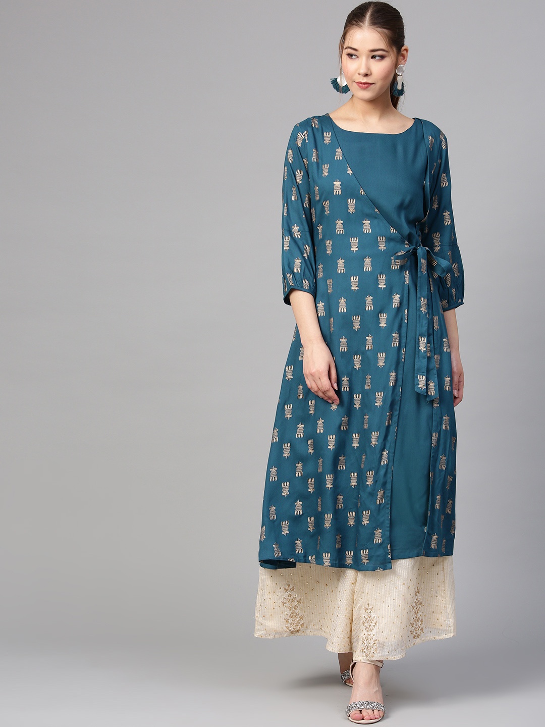 

Varanga Women Teal Green & Golden Printed Angrakha A-Line Kurta