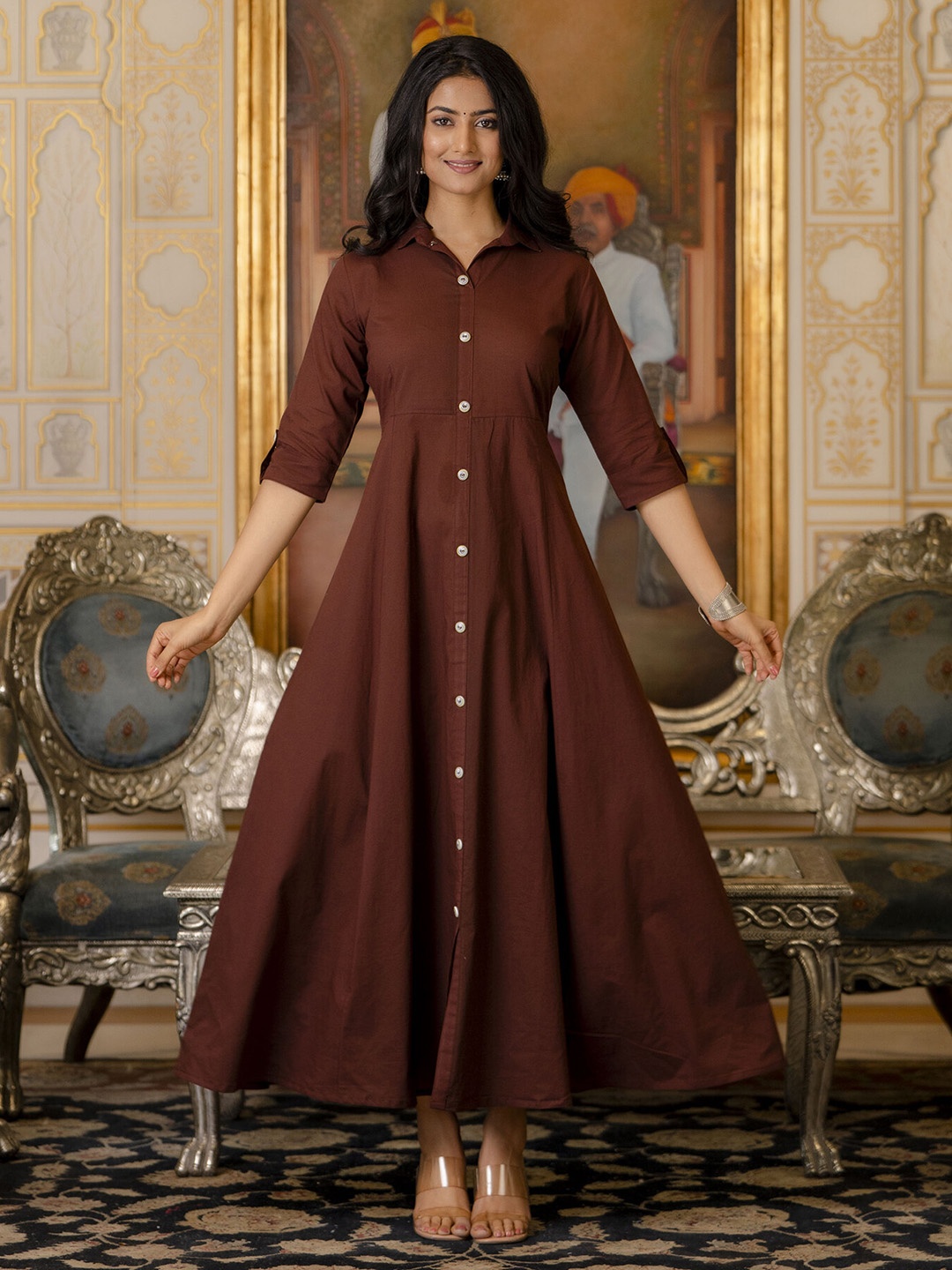 

Nayo Coffee Brown Shirt Cotton Maxi Dress