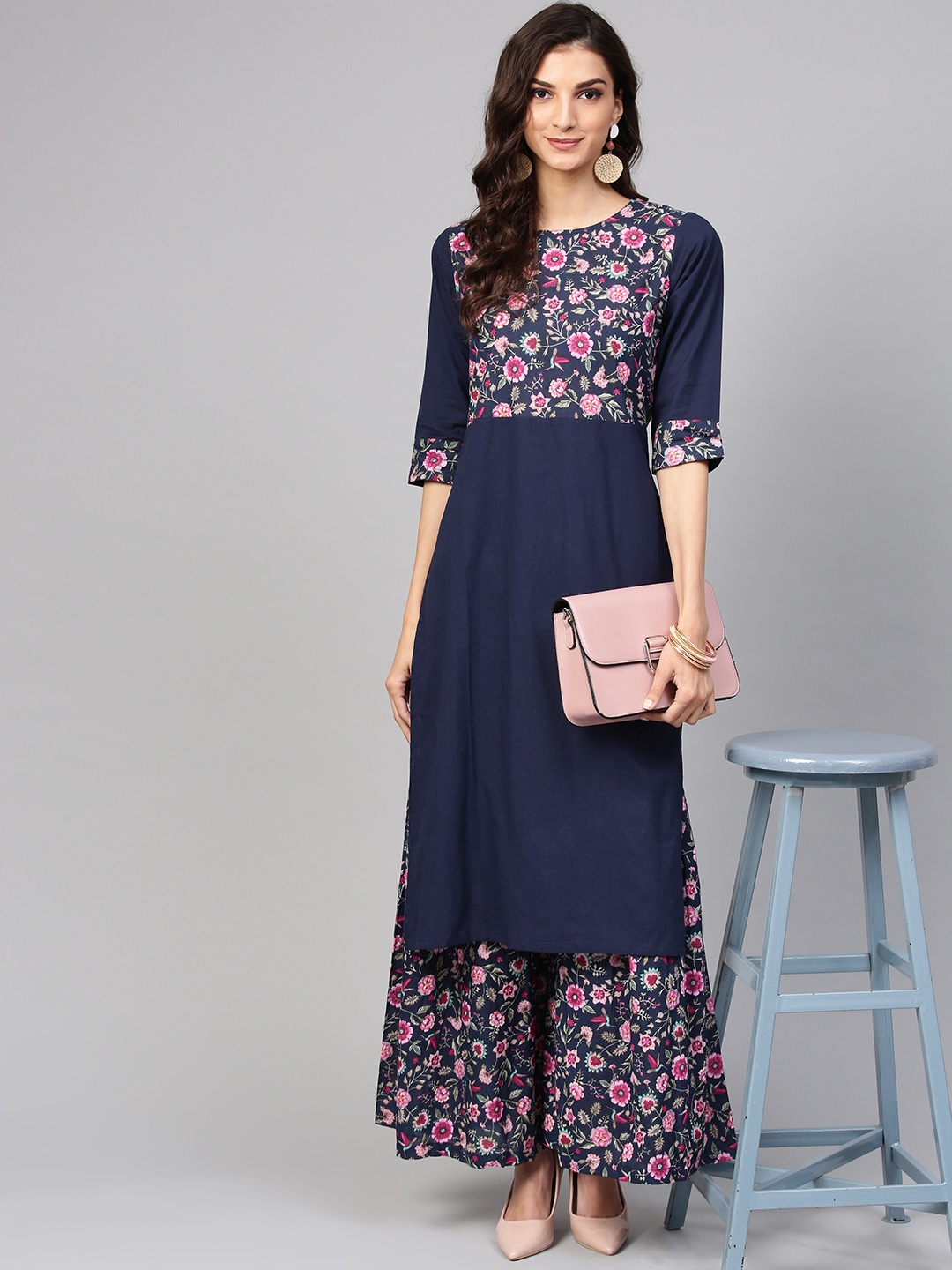 

Nayo Women Navy Blue & Pink Yoke Design Kurta with Sharara