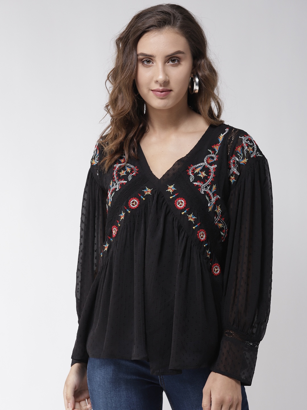

Antheaa Women Black Self Design A-Line Top