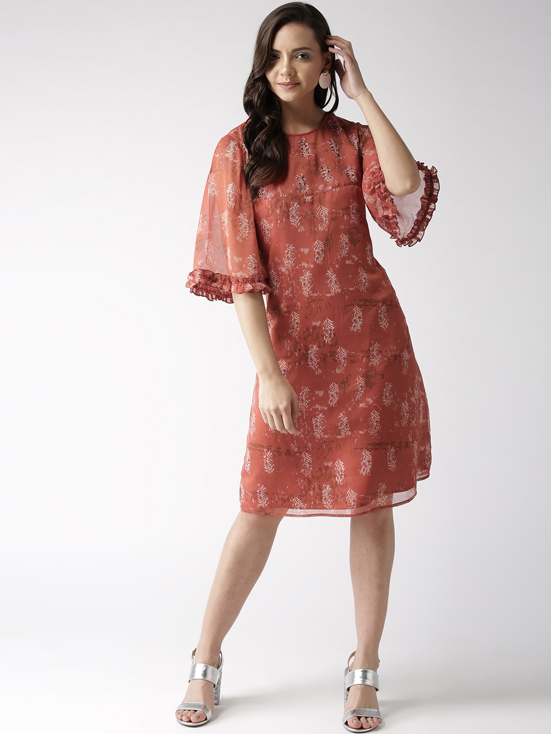 

Antheaa Women Rust Orange Printed A-Line Dress