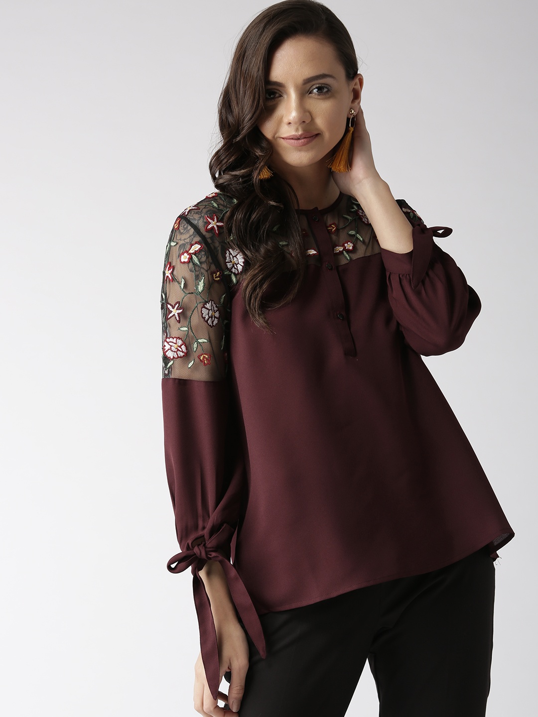 

Antheaa Women Burgundy Embroidered A-Line Top