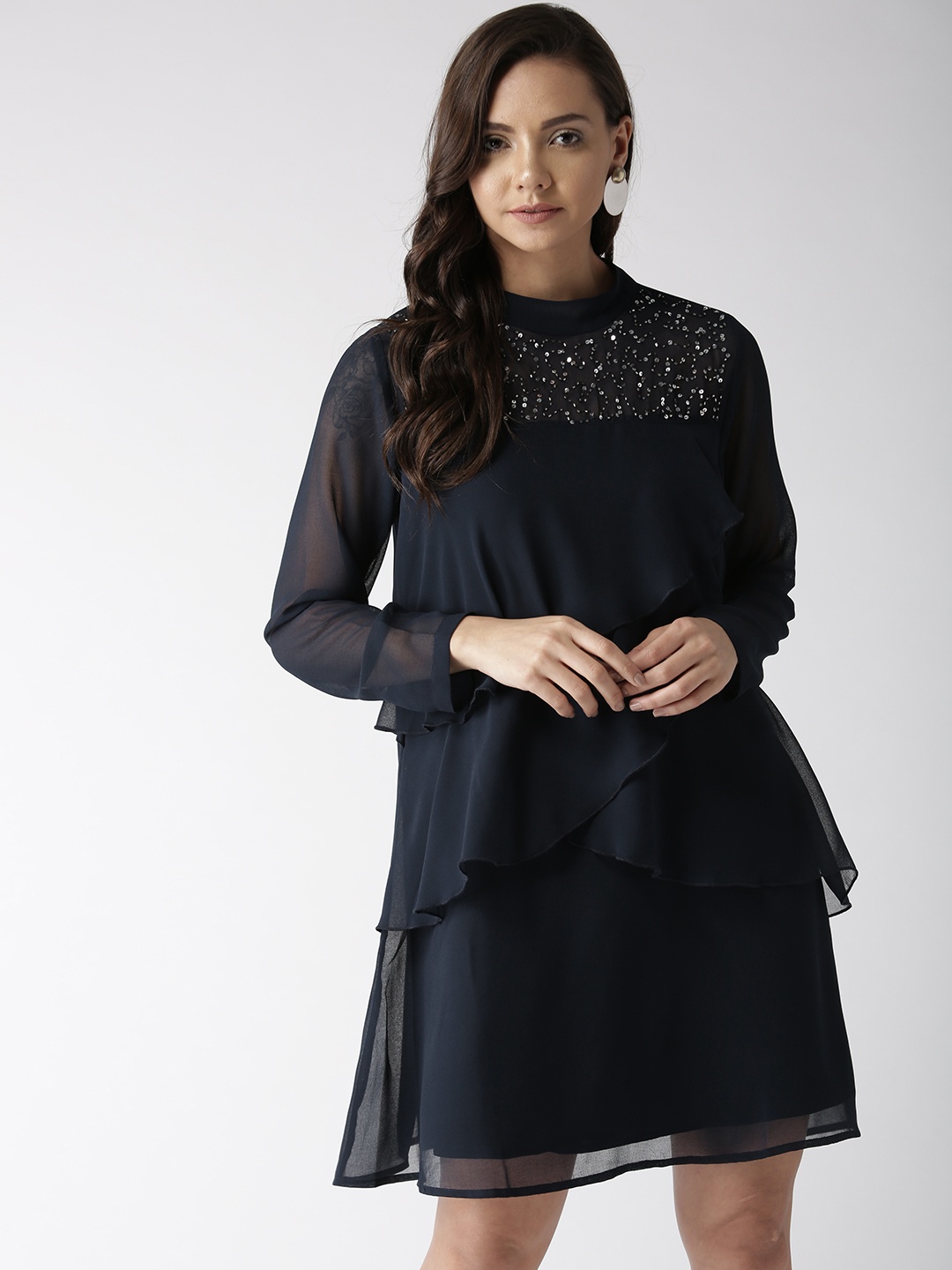 

Antheaa Women Navy Blue Solid Ruffled A-Line Dress