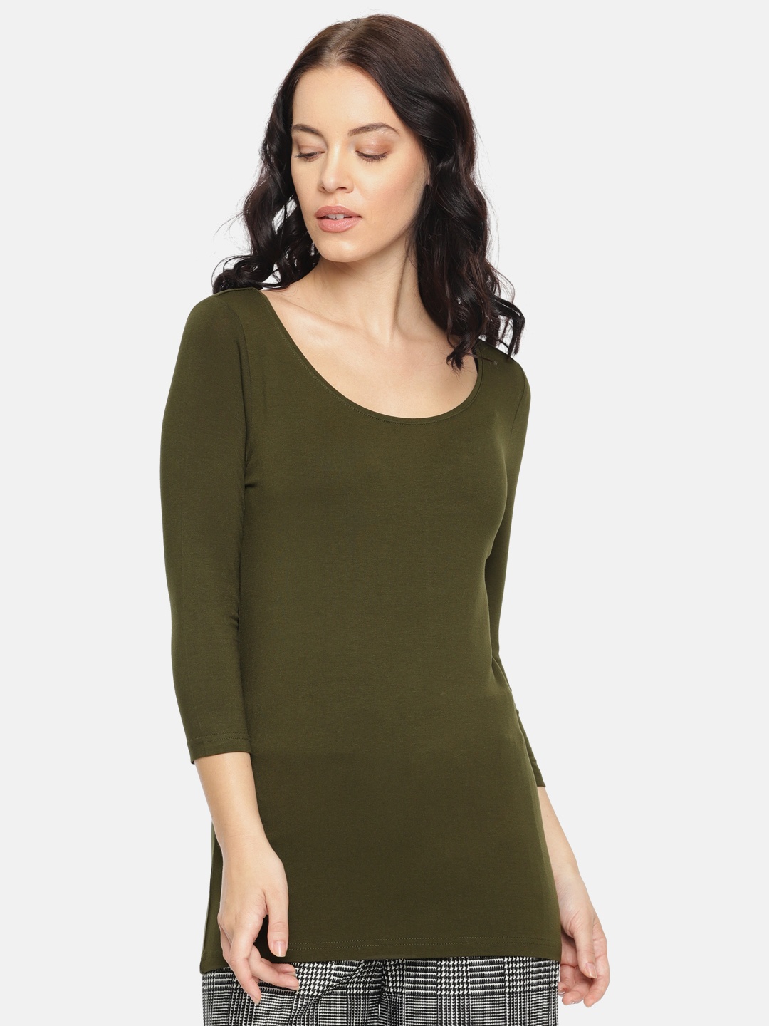 

CODE by Lifestyle Women Olive Green Solid Scoop Neck Longline T-shirt