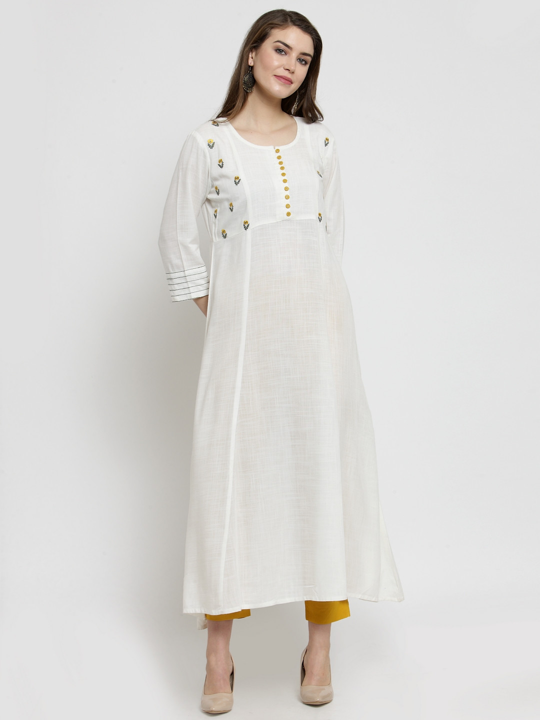 

Varanga Women White & Yellow Solid Kurta with Trousers