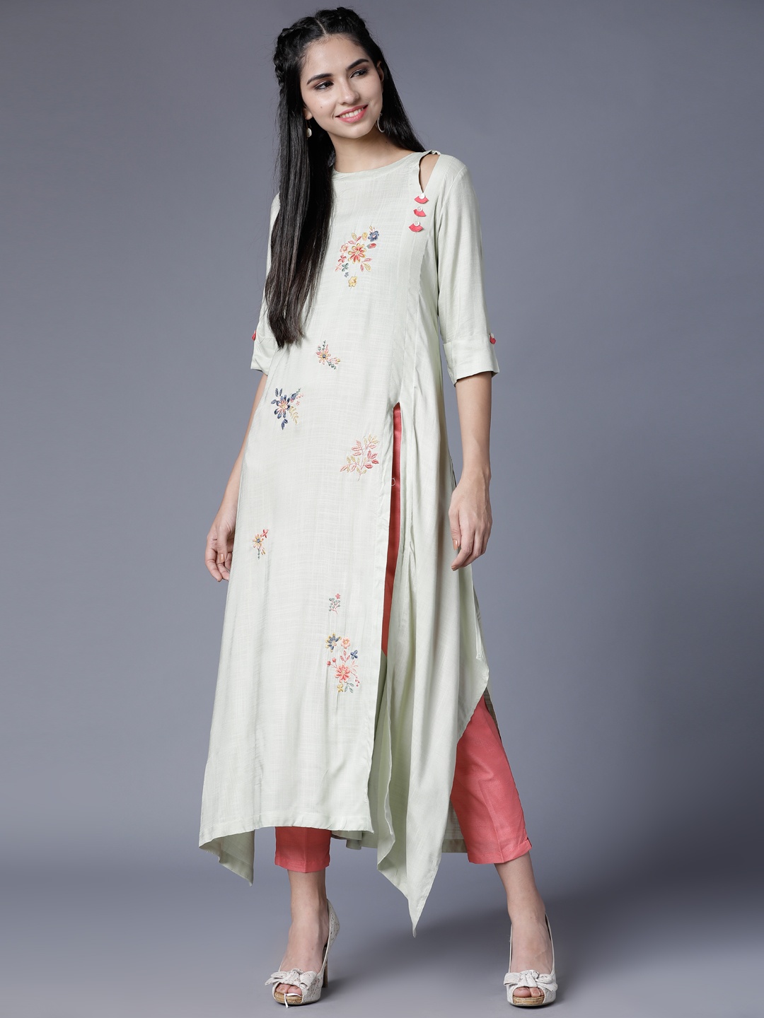 

Vishudh Women Green Printed A-Line Asymmetric Kurta