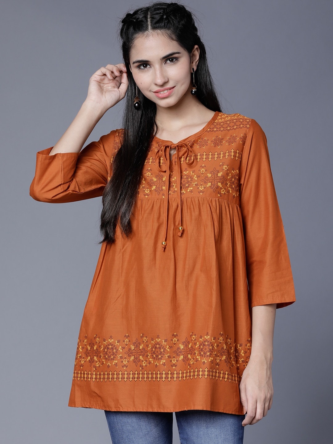 

Tokyo Talkies Women Rust Printed A-Line Pure Cotton Top