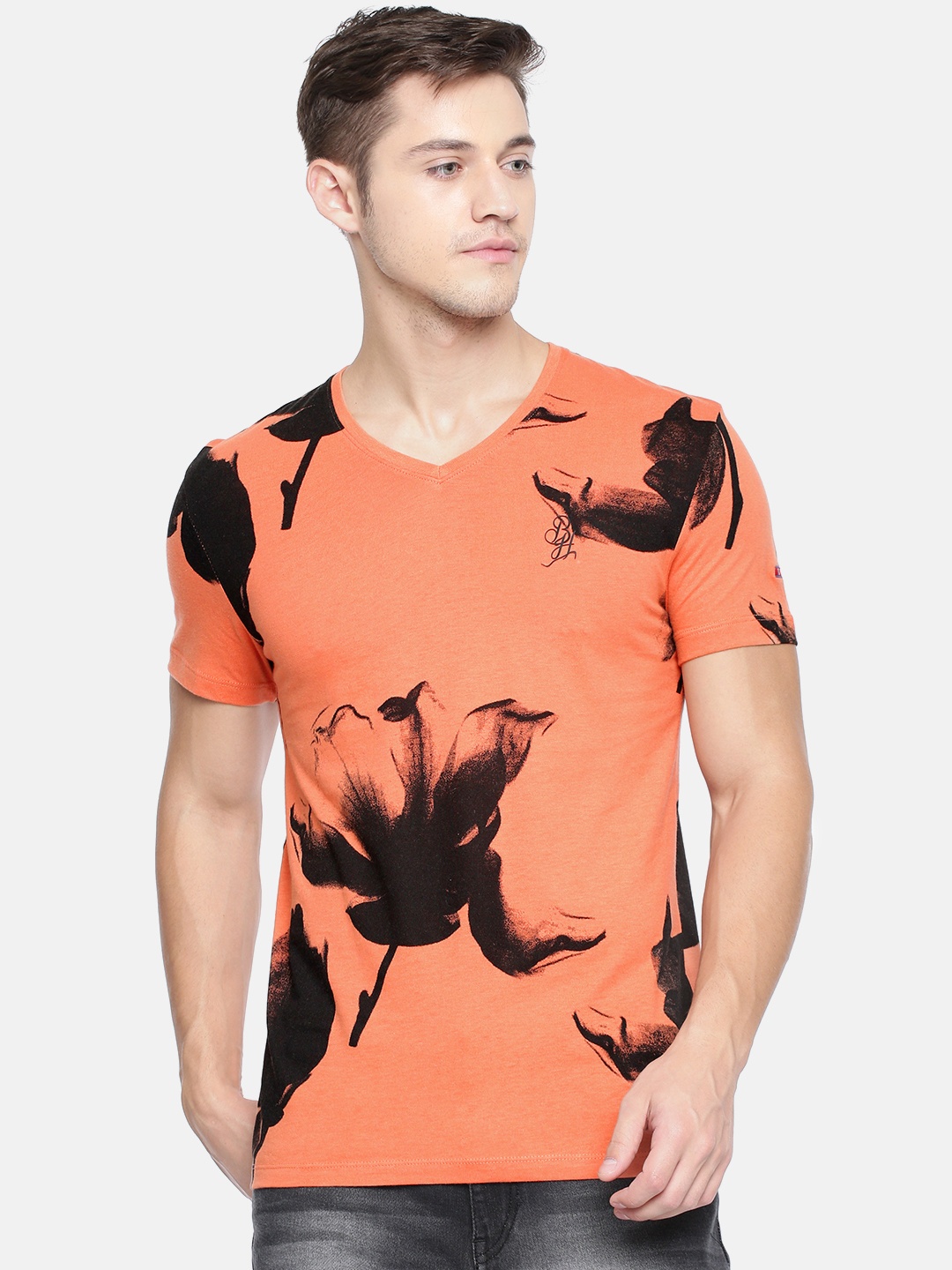 

Being Human Men Orange Printed V-Neck Pure Cotton T-shirt