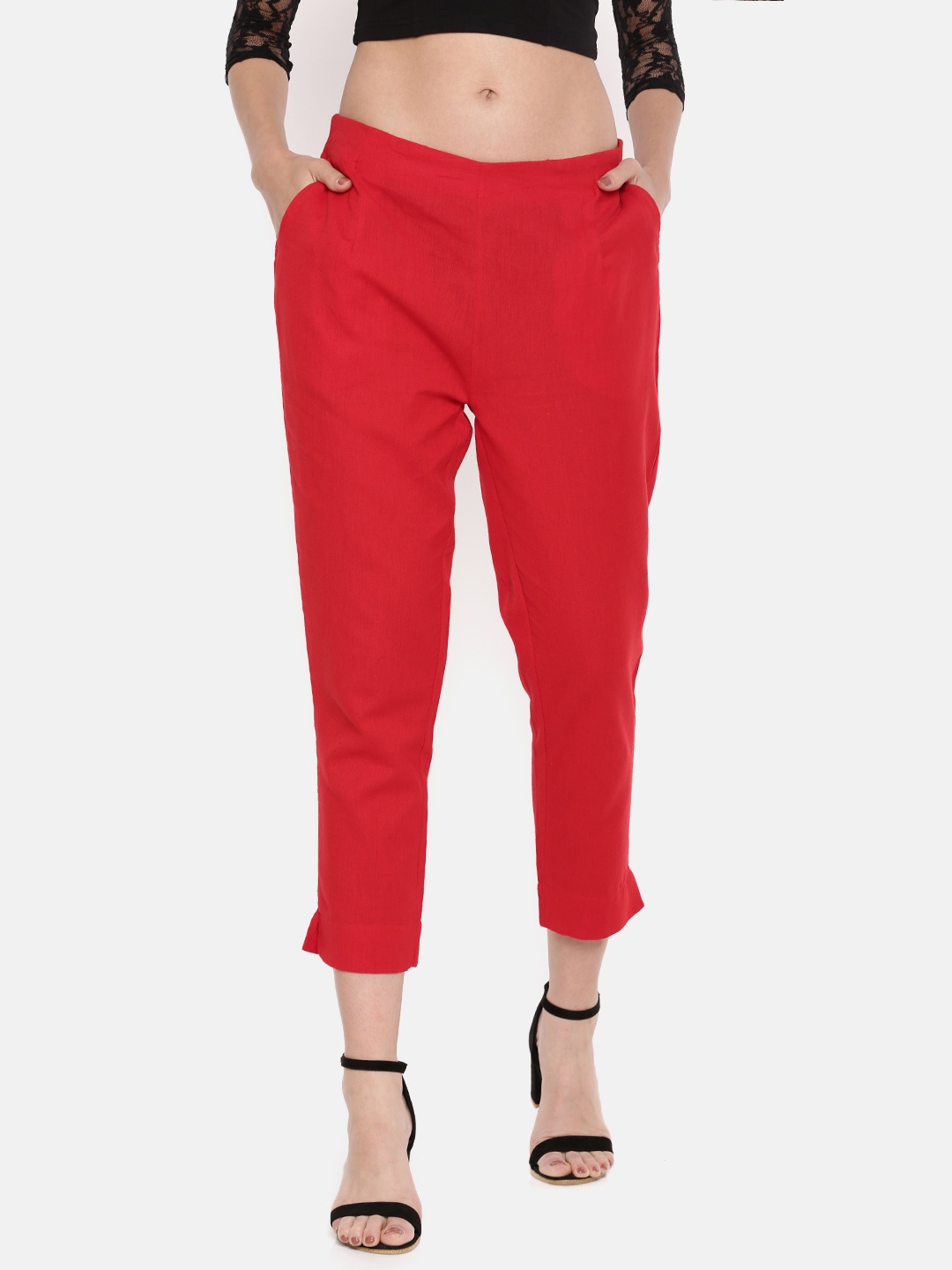 

De Moza Women Red Straight Fit Solid Cropped Cigarette Trousers