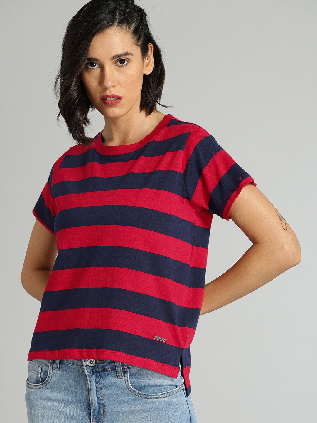 

The Roadster Lifestyle Co Women Red Navy Blue Striped Round Neck Pure Cotton T-shirt