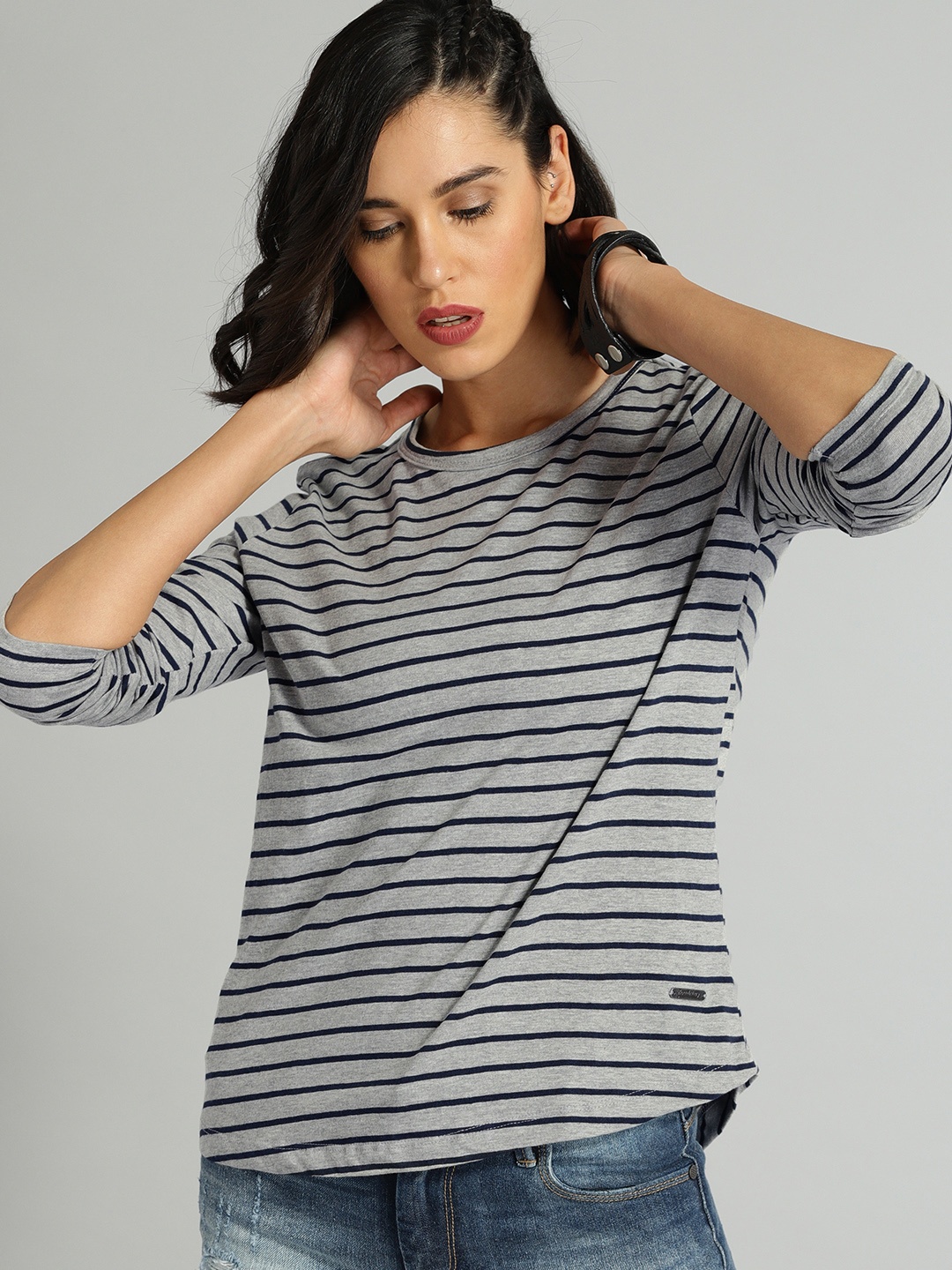 

The Roadster Lifestyle Co Women Grey Navy Blue Striped Round Neck Pure Cotton T-shirt