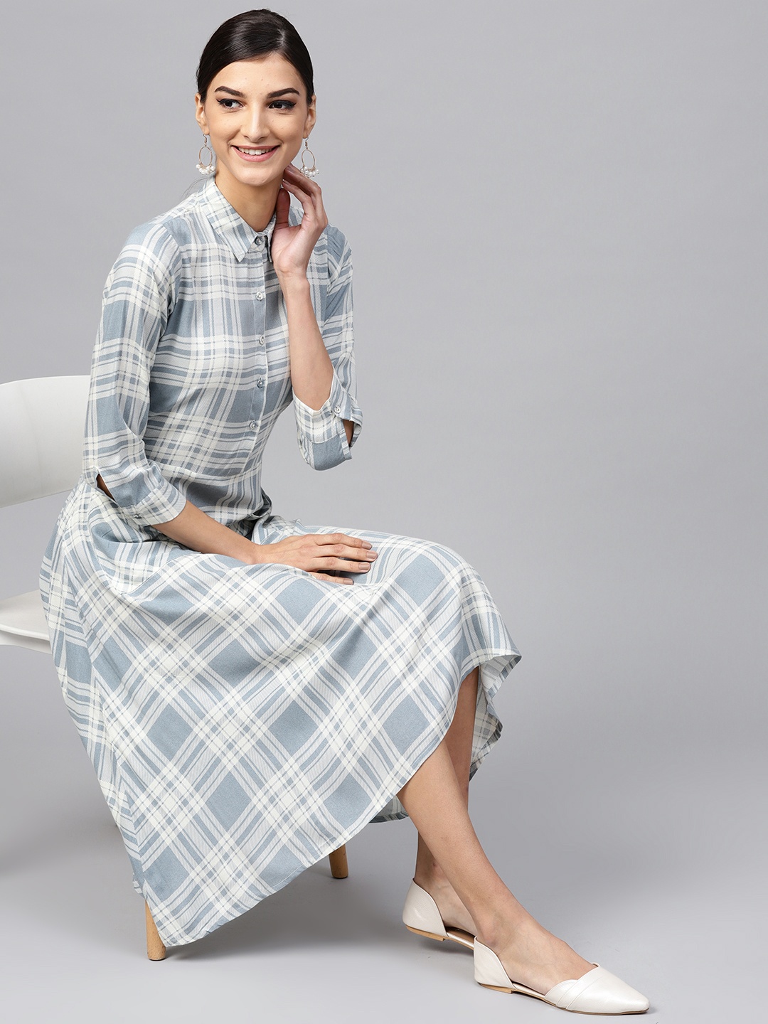 

Indo Era Women Blue & Off-White Checked Shirt Dress