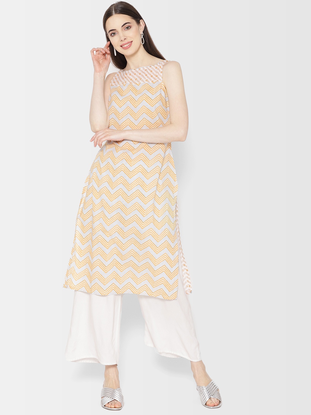 

Fabindia Women White & Mustard Yellow Handblock Print Slim Fit Straight Kurta