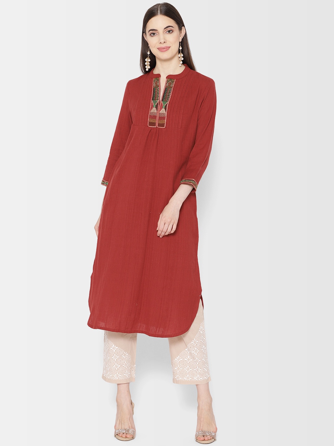 

Fabindia Women Rust Hand Woven Hand Embroidered Straight Kurta