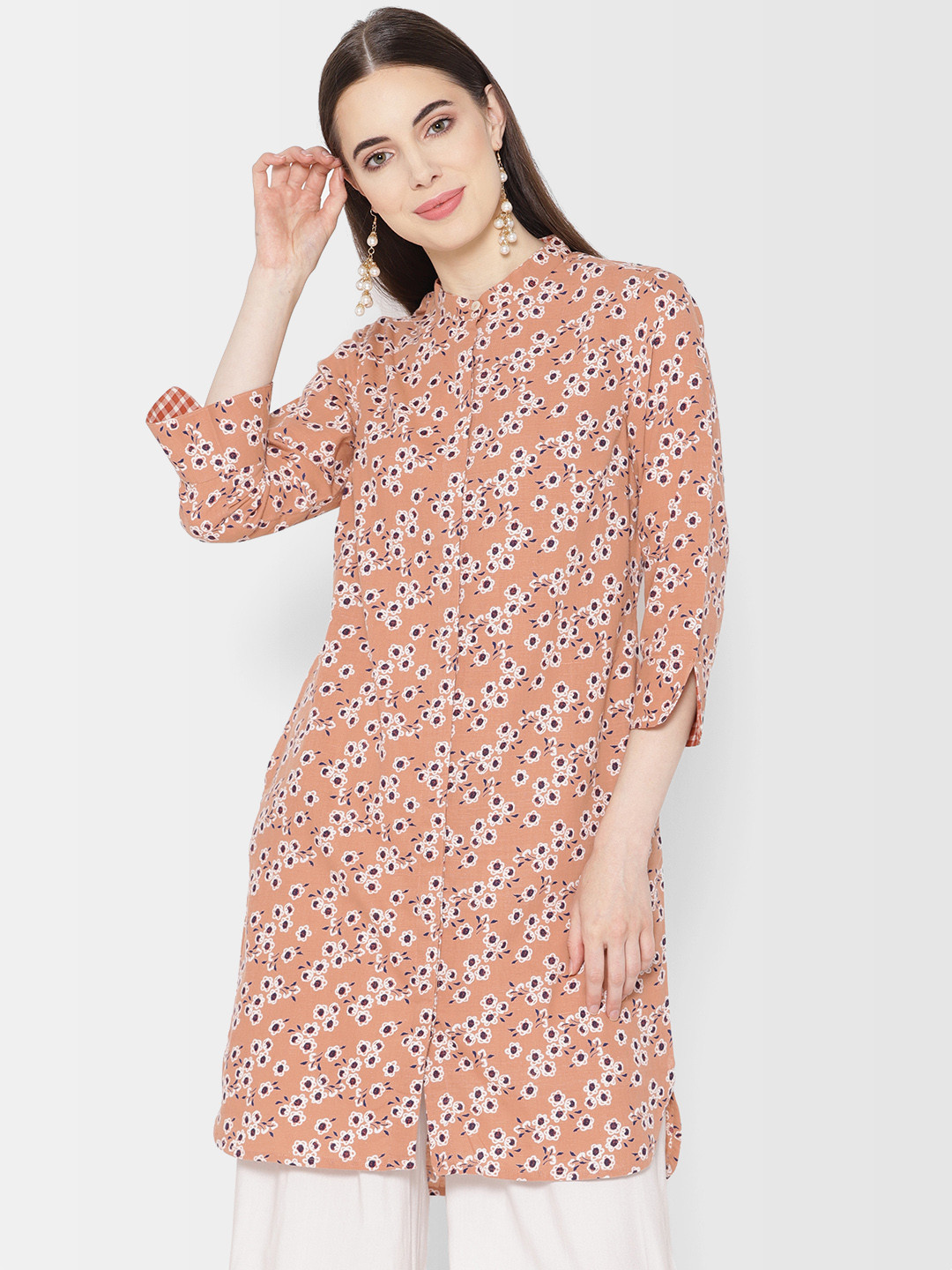 

Fabindia Peach-Coloured & White Printed Tunic