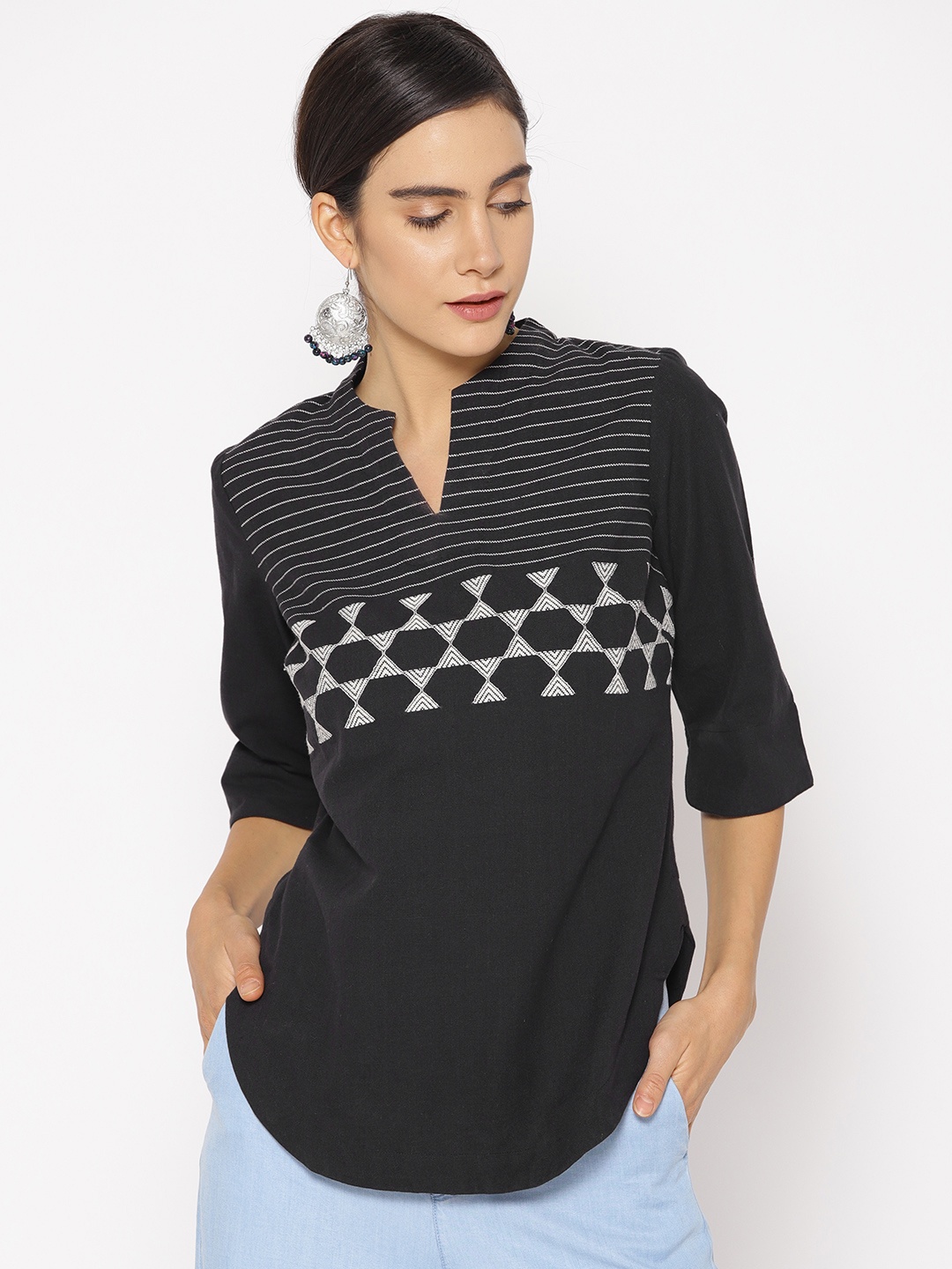 

Fabindia Women Black Handwoven Pure Cotton Top