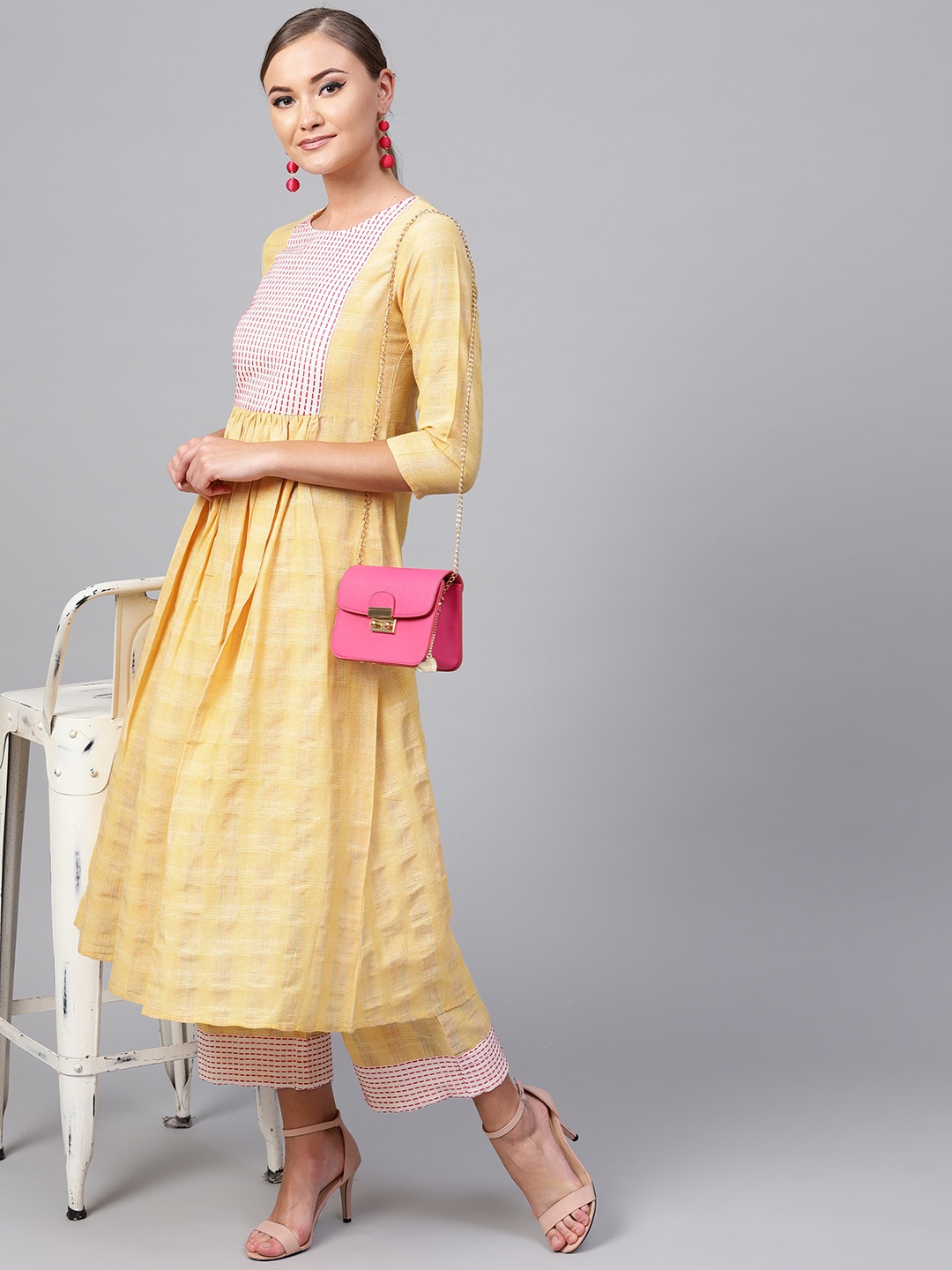 

Indo Era Women Yellow & Pink Checked A-Line Kurta