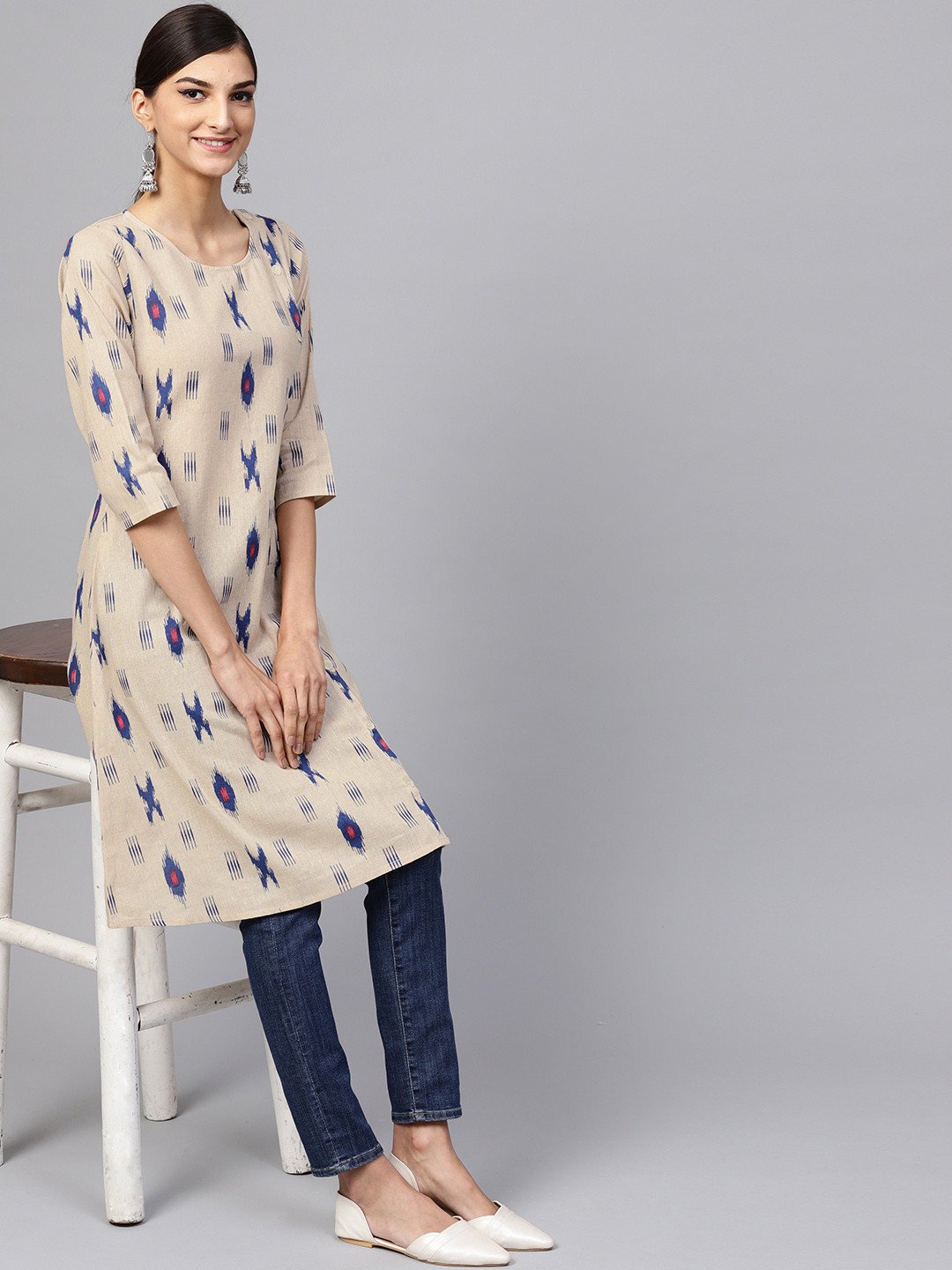 

Indo Era Women Beige & Navy Blue Printed A-Line Kurta