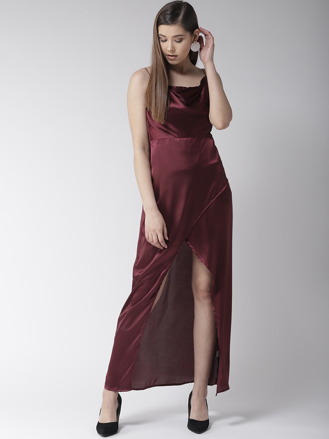 

MISH Women Burgundy Solid Satin Finish Maxi Dress