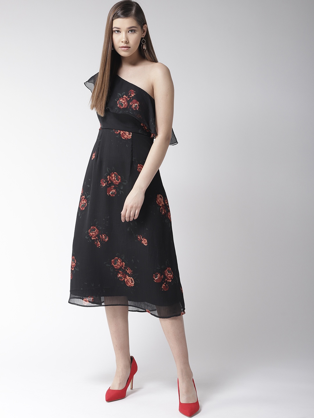 

MISH Women Black Printed One-Shoulder Midi Fit & Flare Dress