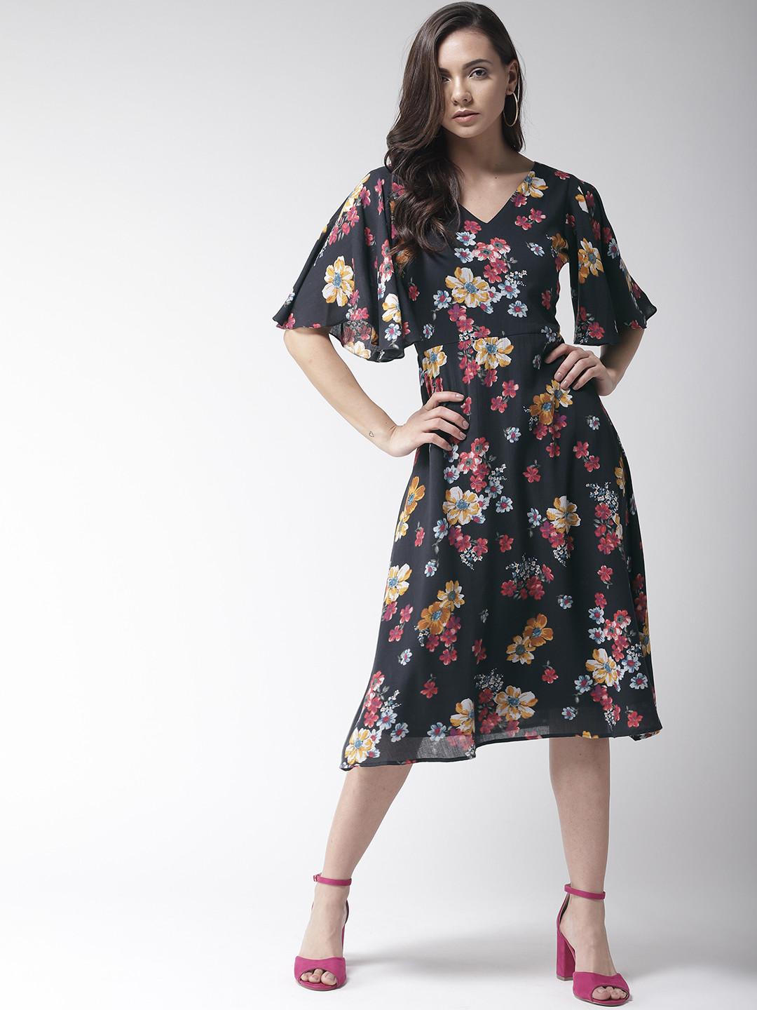 

MISH Women Black & Yellow Floral Printed A-Line Dress