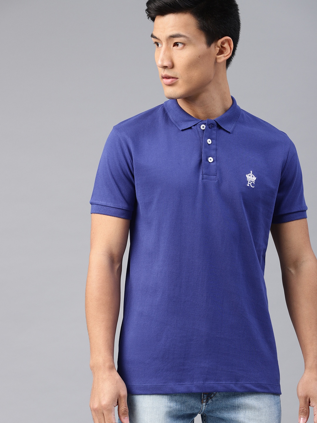 

French Connection Men Blue Solid Polo Collar Pure Cotton T-shirt