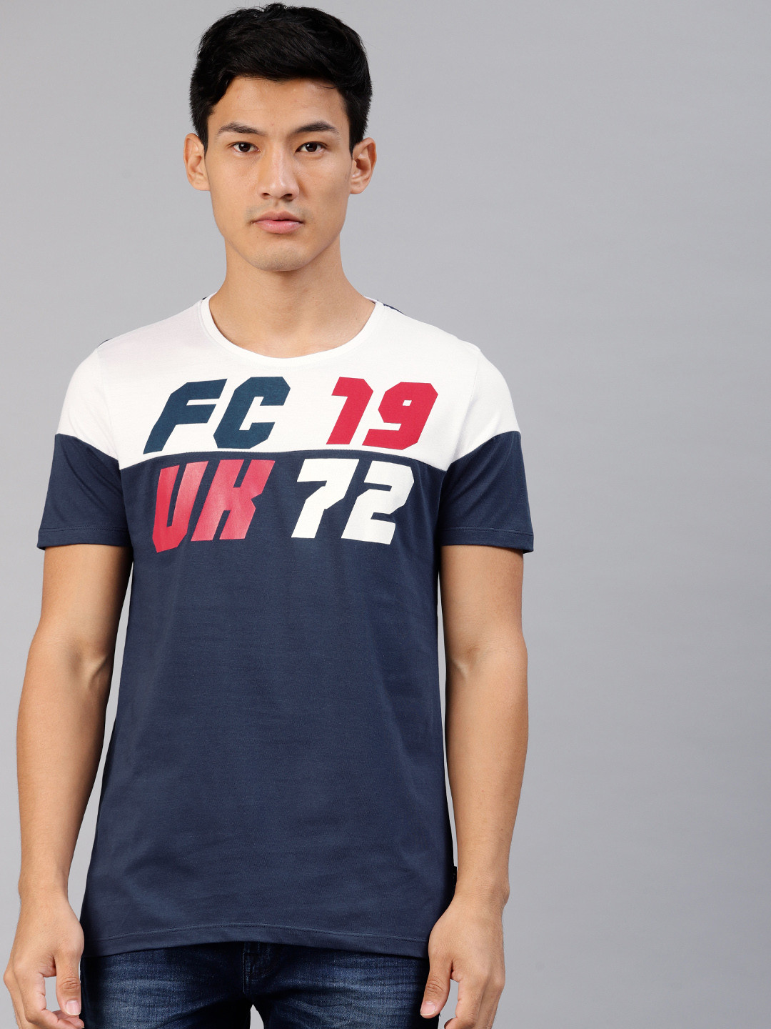 

French Connection Men Navy Blue White Printed Round Neck Pure Cotton T-shirt