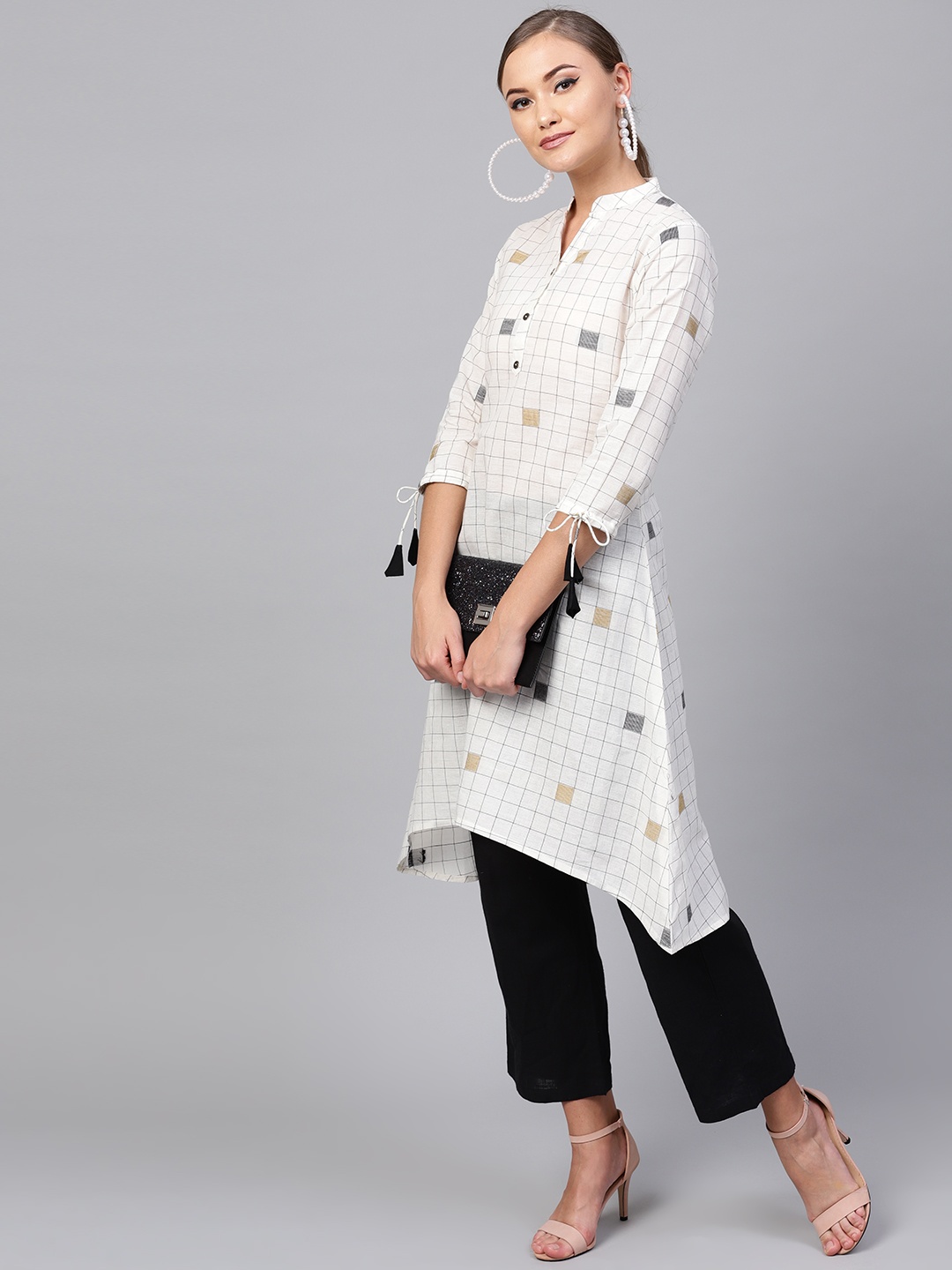 

Indo Era Women Off-White & Black Checked A-Line Kurta