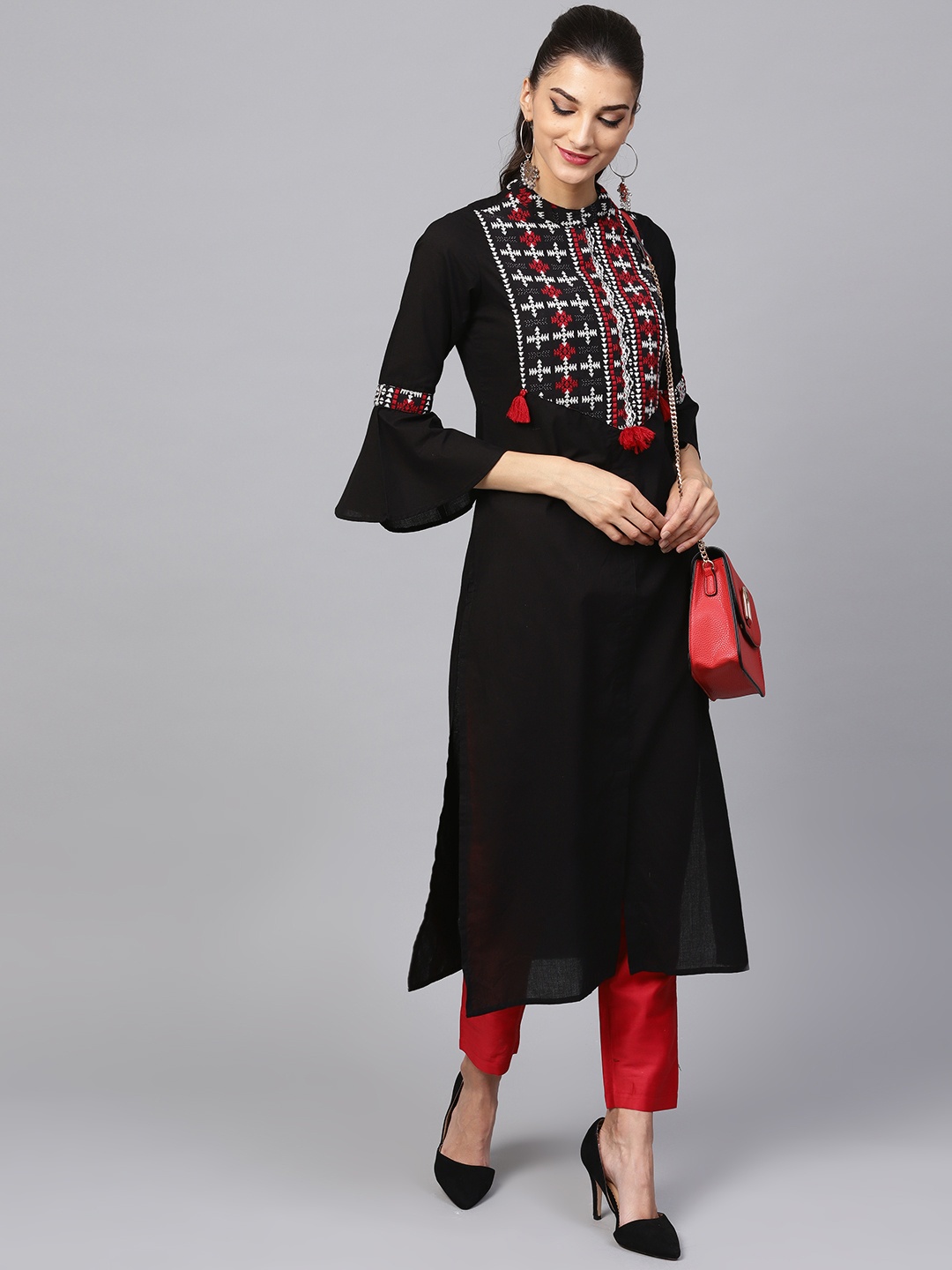 

Indo Era Women Black & Maroon Yoke Design Straight Kurta