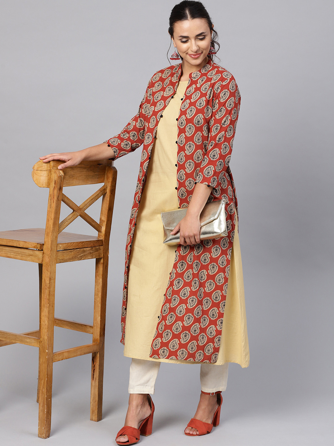 

Indo Era Women Beige & Maroon Printed Layered A-Line Kurta