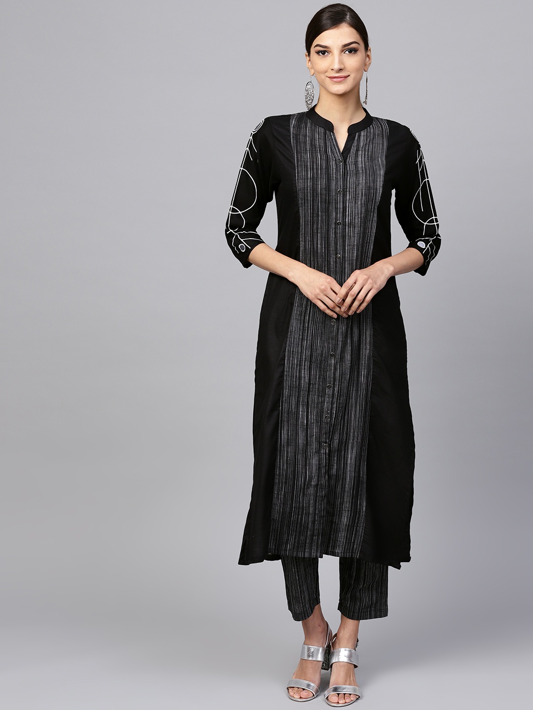 

Indo Era Women Black Woven Design A-Line Kurta