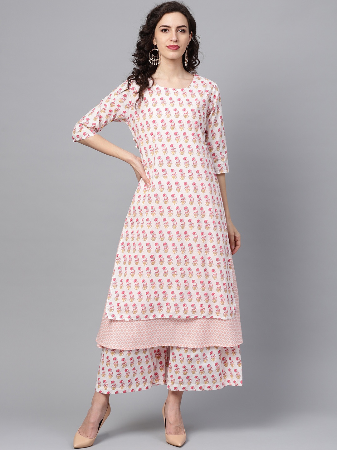 

Indo Era Women White & Orange Layered Printed Layered A-Line Kurta