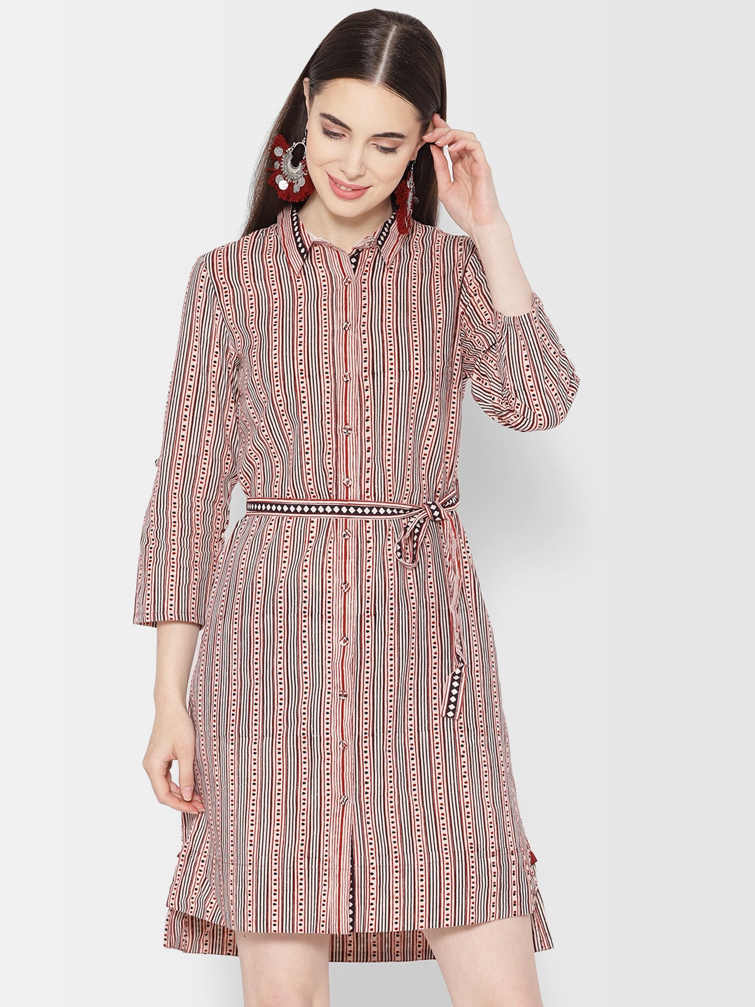 

Fabindia Women Beige & Black Striped Shirt Dress