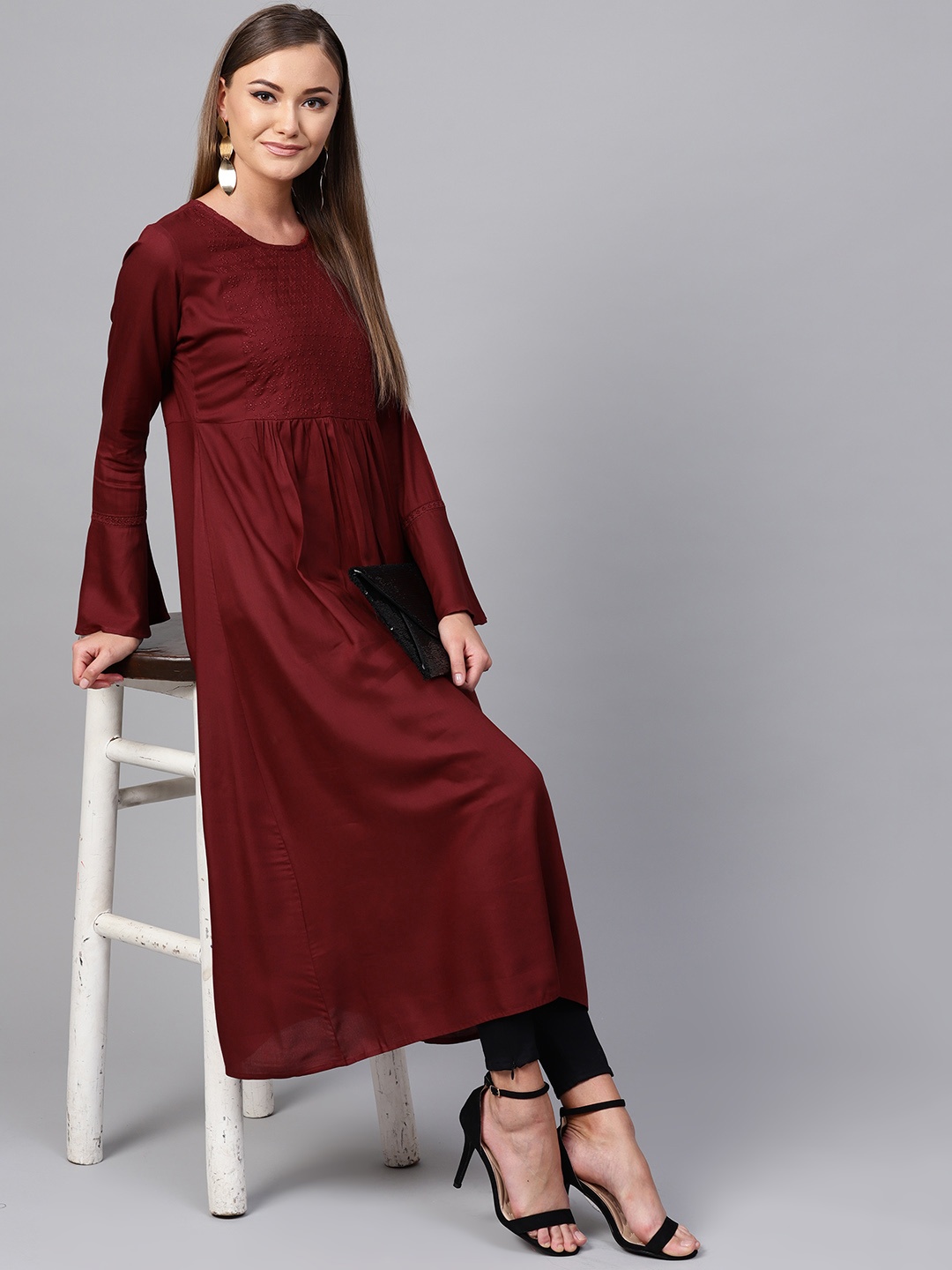 

Indo Era Women Maroon Yoke Design A-Line Kurta