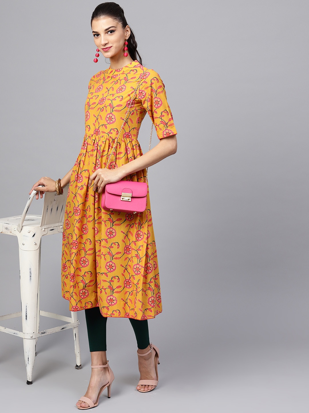 

Indo Era Women Mustard Yellow & Pink Printed A-Line Kurta