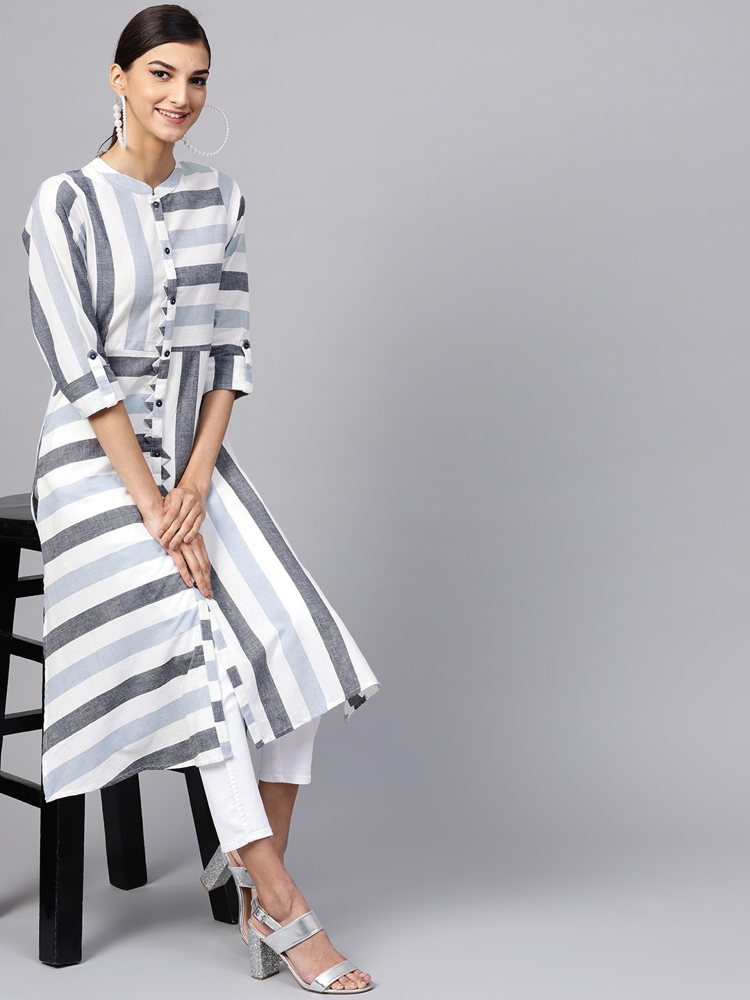 

Indo Era Women Off-White & Blue Striped A-Line Kurta