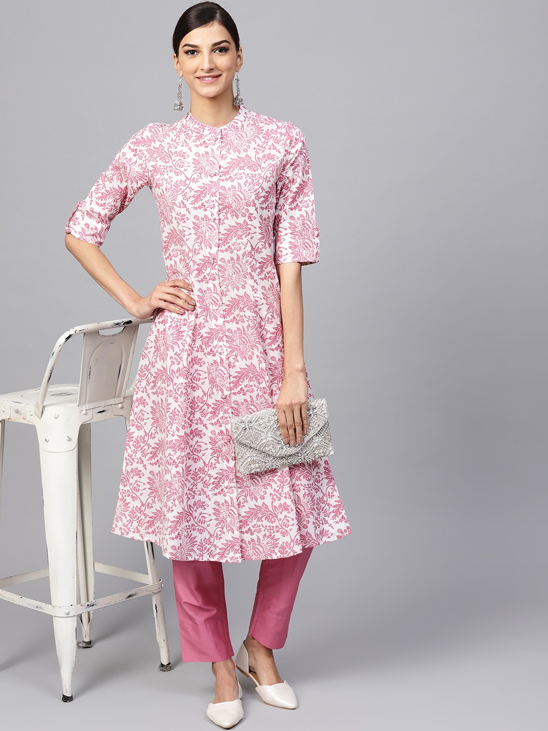 

Indo Era Women White & Pink Printed A-Line Kurta