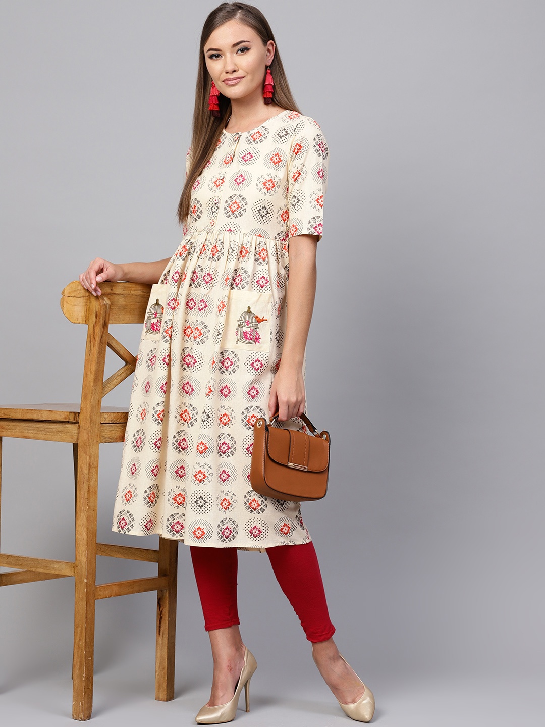 

Indo Era Women Beige & Black Printed A-Line Kurta