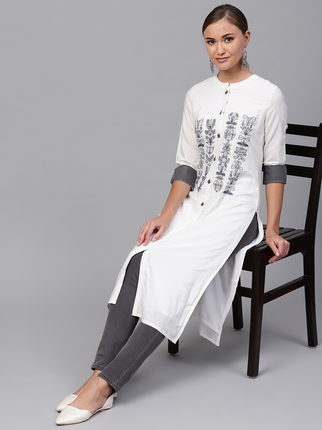 

Indo Era Women White & Grey Embroidered Detail Straight Kurta