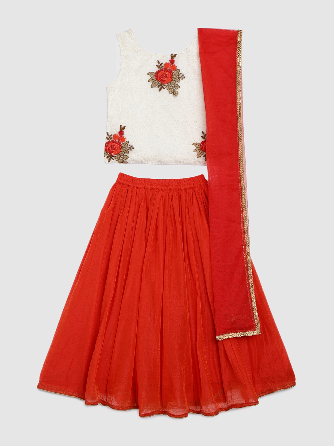 

YK Girls Red & Off-White Embroidered Ready to Wear Lehenga & Blouse with Dupatta
