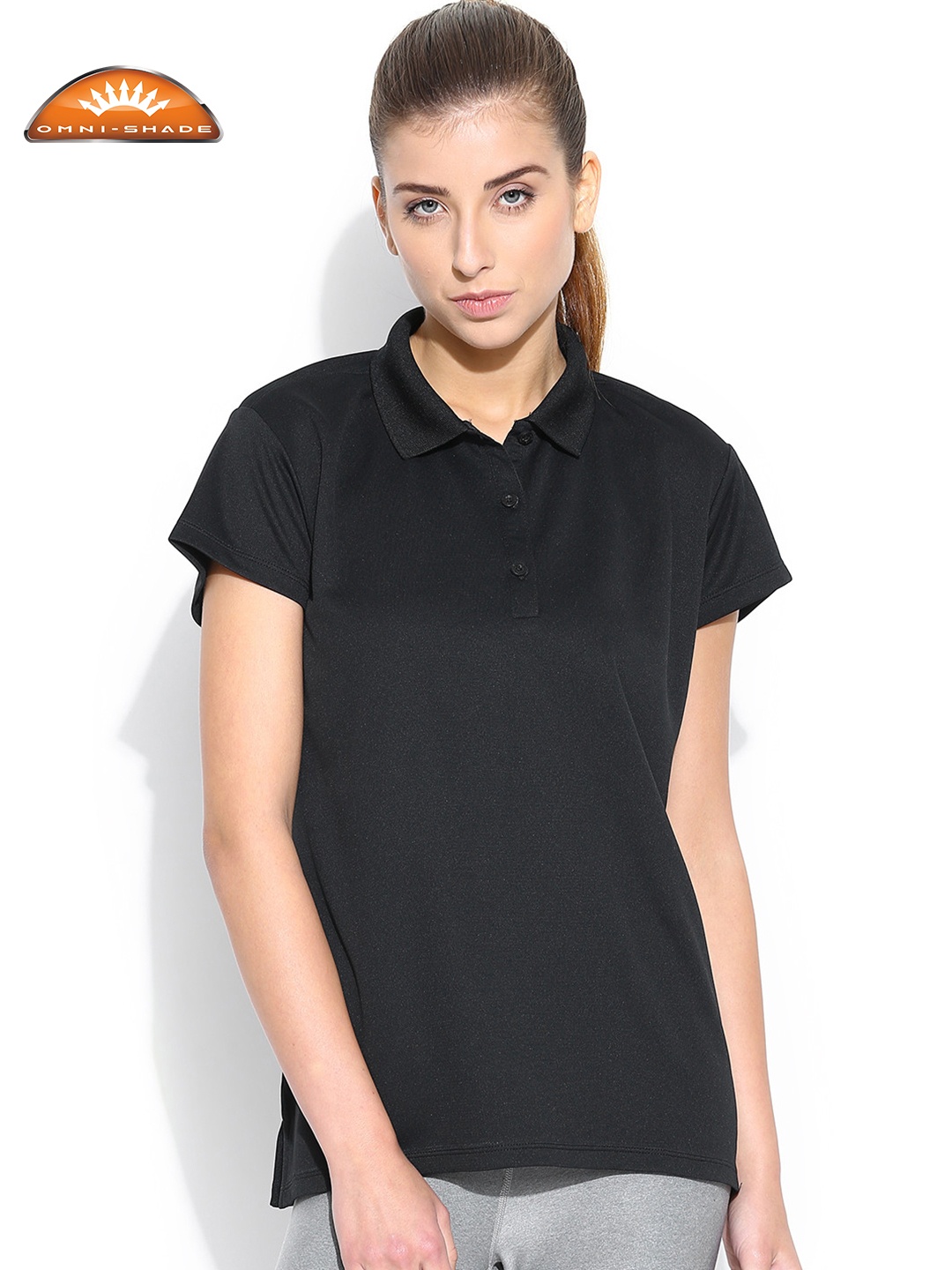 

Columbia Women Black Solid Innisfree SS UV Protect Polo Hiking T-shirt