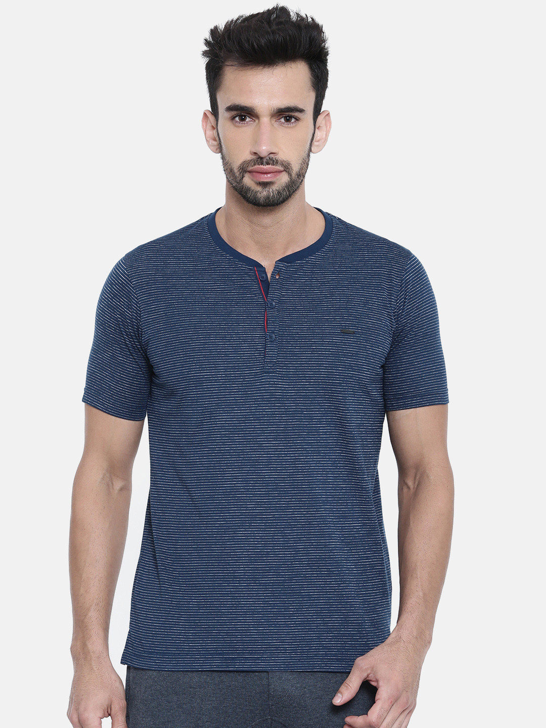

Proline Active Men Blue White Striped Henley Neck Pure Cotton T-shirt