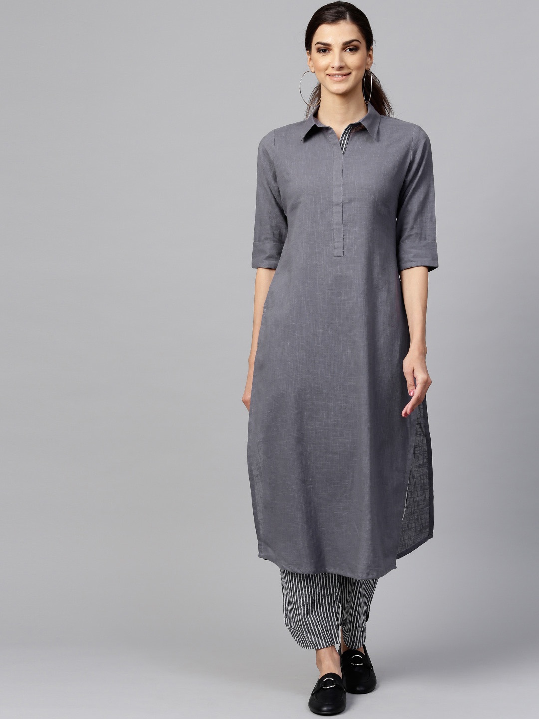 

Indo Era Women Grey Solid Kurta with Palazzos