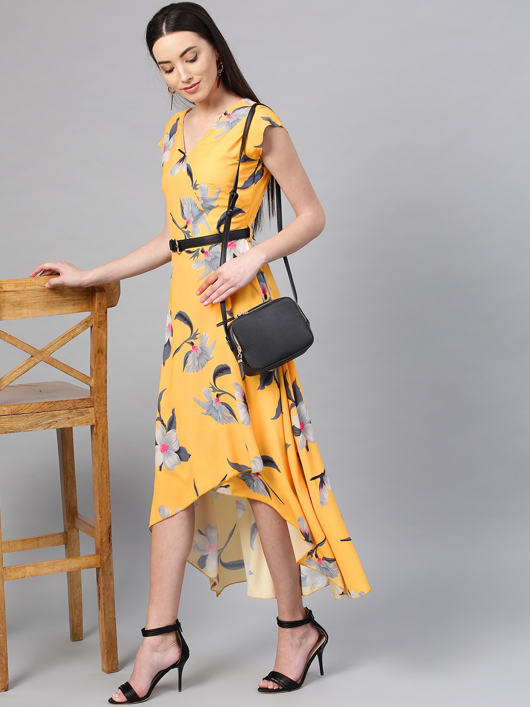 

Athena Women Yellow & Grey Printed Wrap Dress