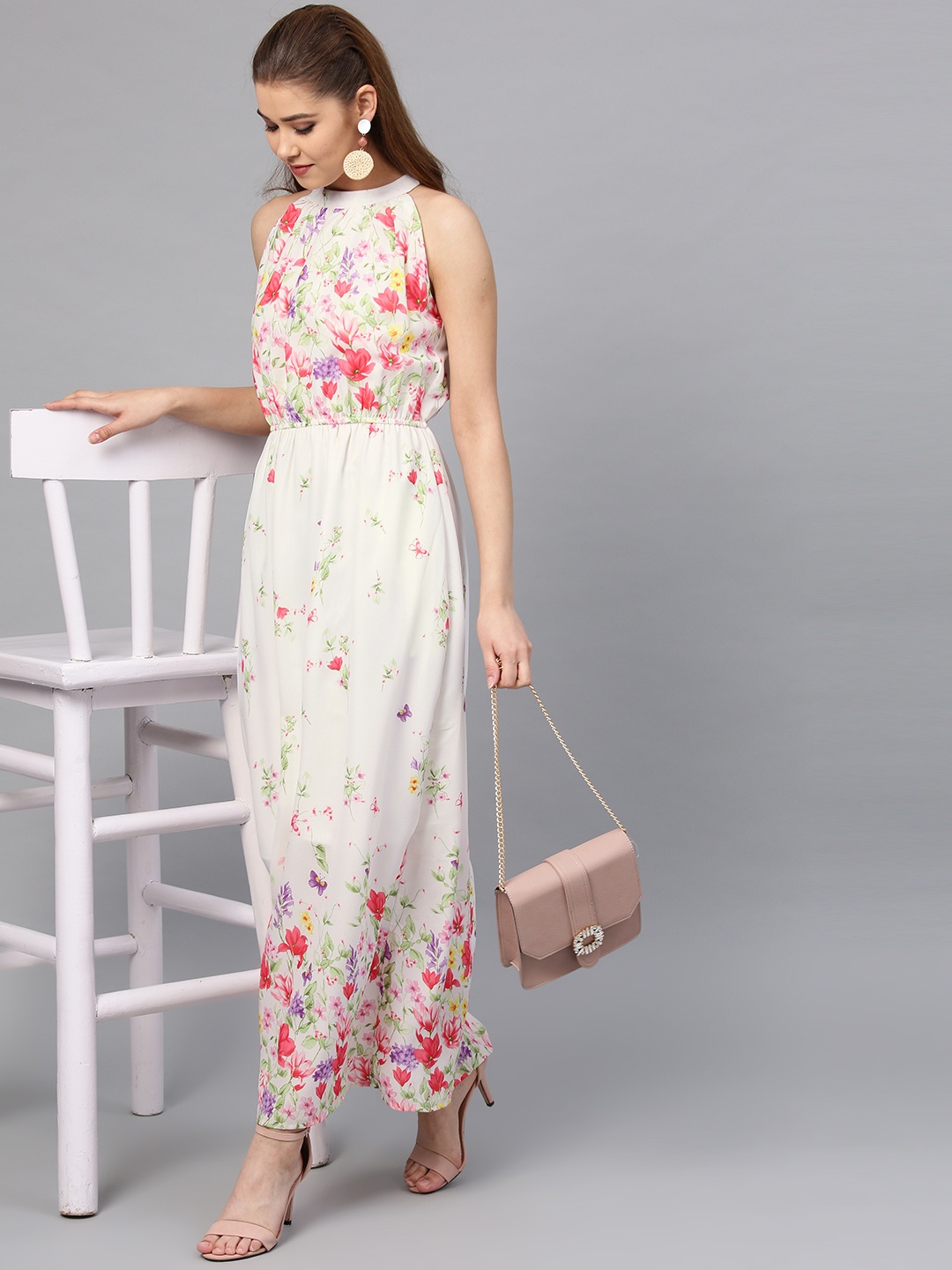 

Athena Women White & Pink Printed Maxi Dress