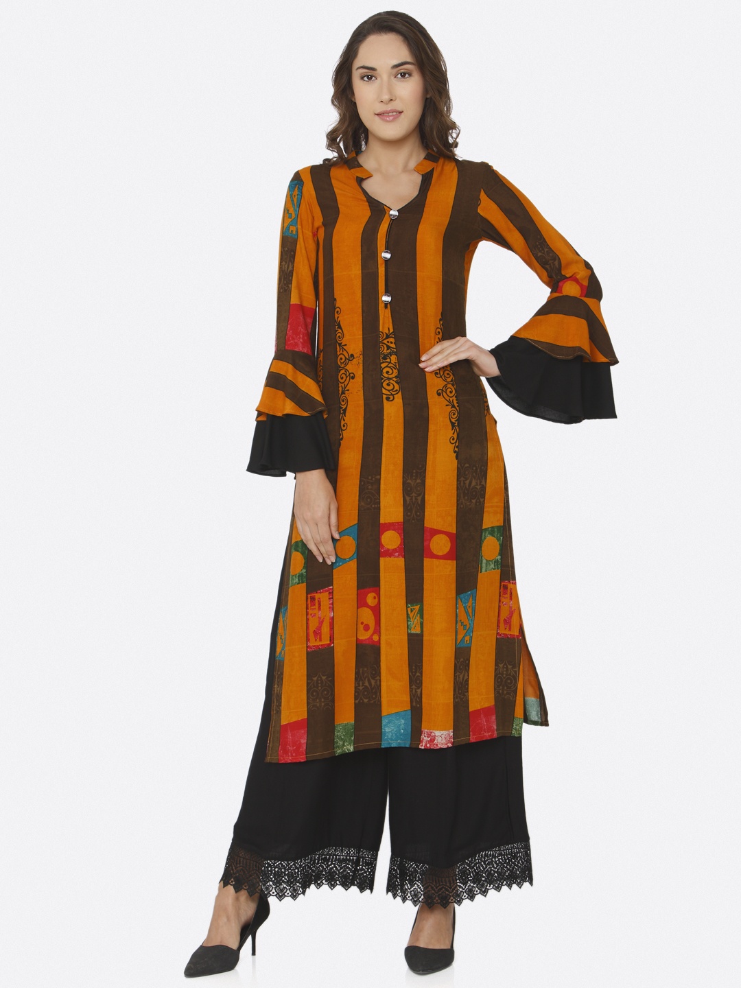 

shiloh Women Orange & Brown Striped Kurta with Palazzos
