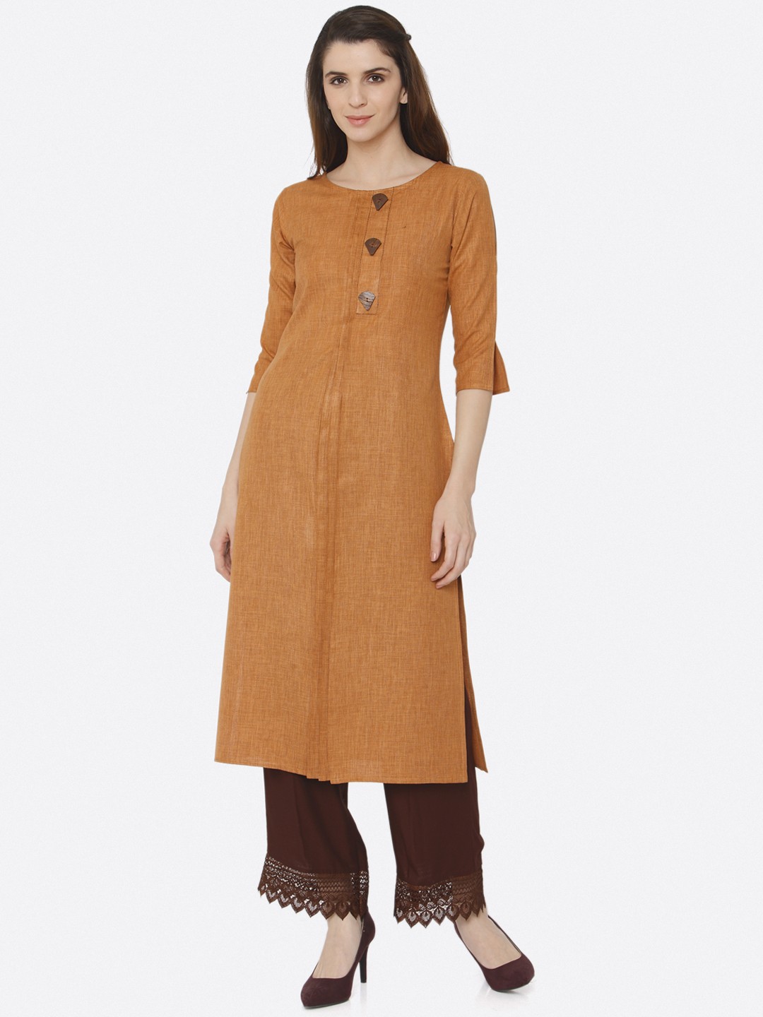 

shiloh Women Yellow & Maroon Solid Kurta with Palazzos